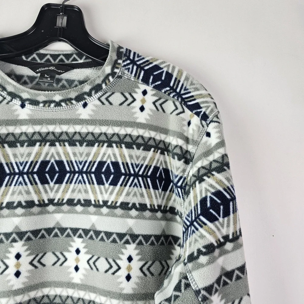 Eddie Bauer‎ Mens M Pullover Fleece Aztec White Blue Gray Crew Neck Soft LS Warm